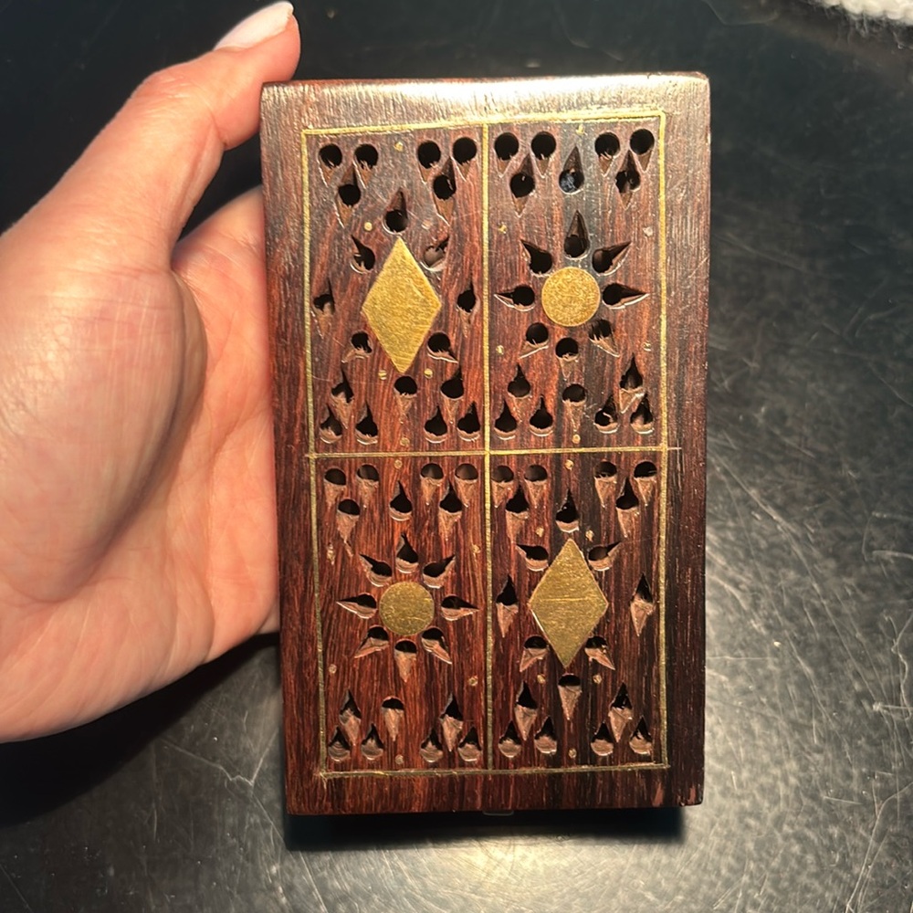 Indian Handicraft Wooden Box with Cut Outs and Metal Inlaid
